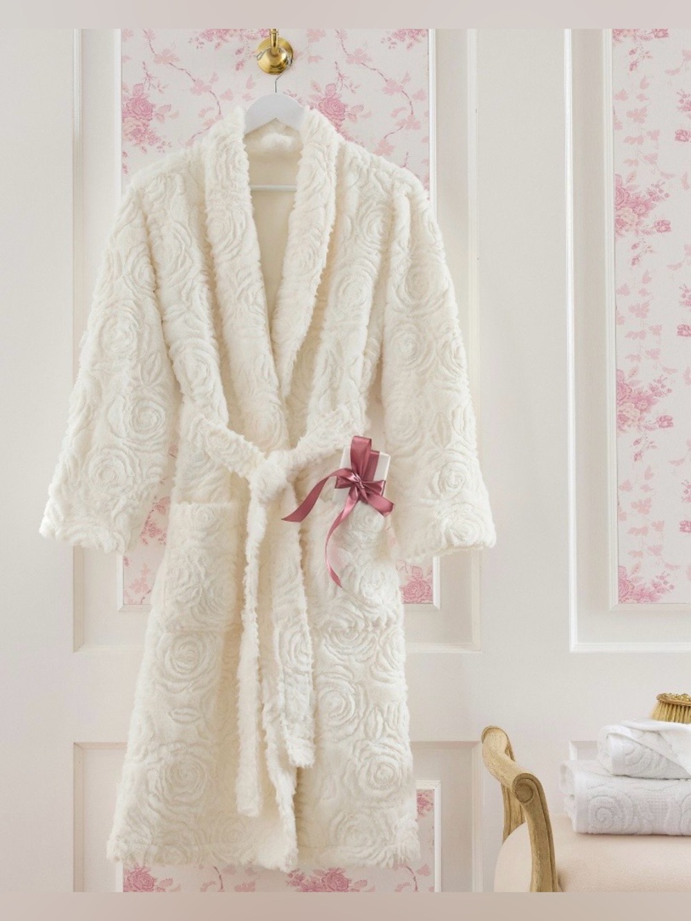 LoveShackFancy Ivory Floral-Textured Plush Bathrobe. P B collab